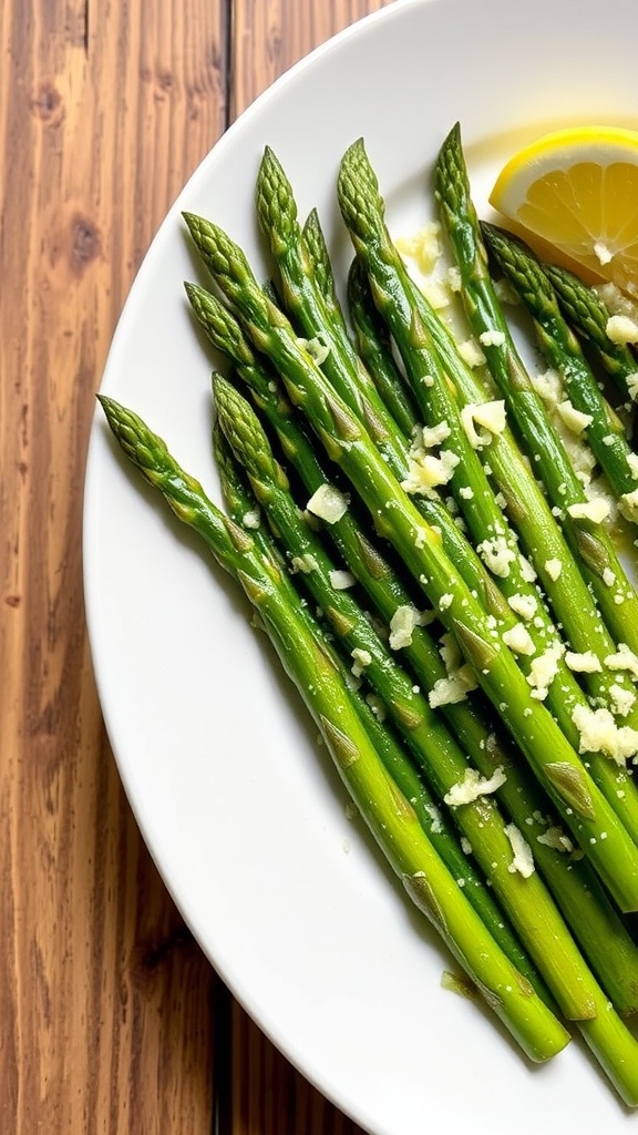 Sautéed garlic asparagus sprinkled with Parmesan cheese on a white plate with lemon.